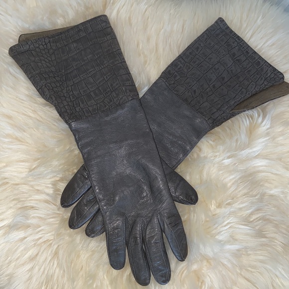 Mid-length 100% grey leather gloves, embossed wrist with slit! Size 7 - Picture 1 of 13